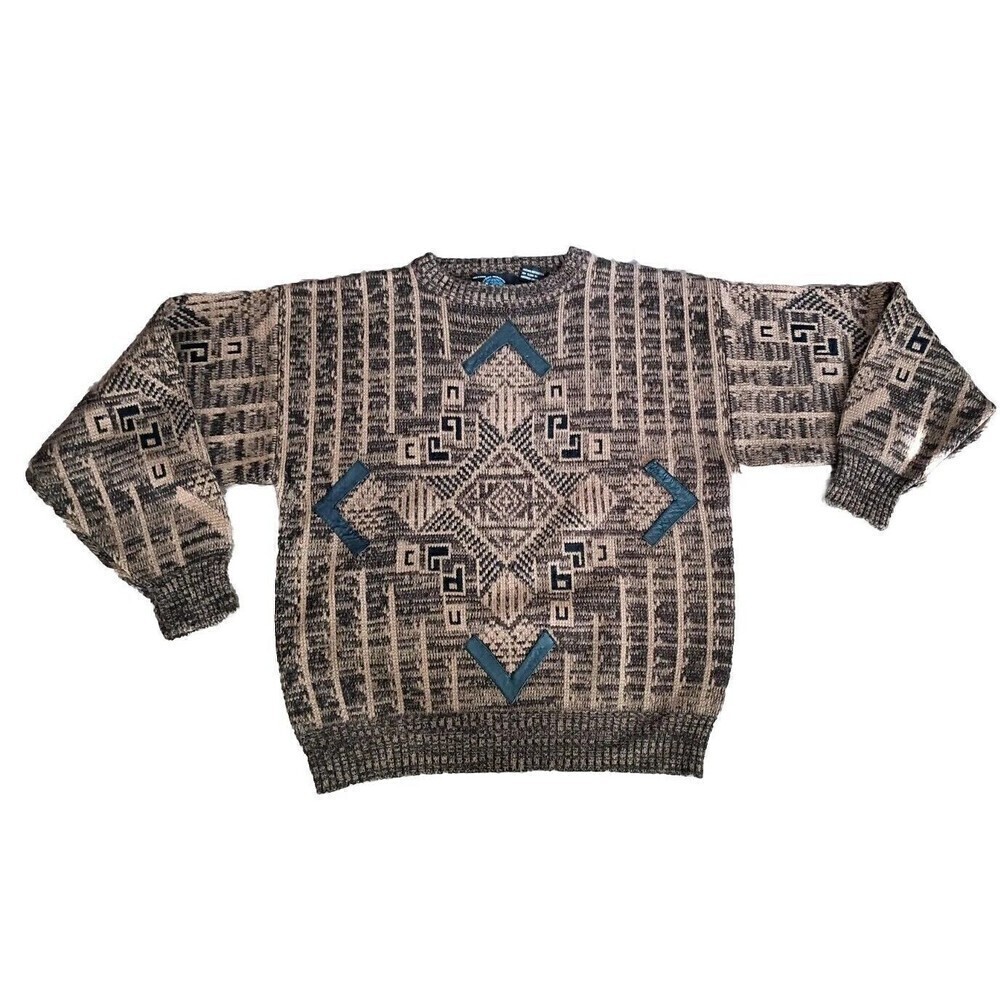 P.J. Henry Sweater Men's Size Large Black Brown Vintage 90's Leather Inserts
